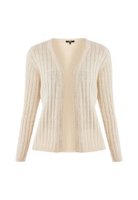 Krämfärgad cardigan med ribbad textur, öppen framsidan, långa ärmar och mjukt stickat tyg. Enkel design utan knäppningar eller mönster.