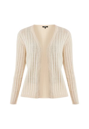 Crème-kleurige cardigan met ribbelstructuur, open voorkant, lange mouwen en een zachte gebreide stof. Eenvoudig ontwerp zonder sluitingen of patronen.