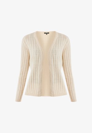 Kardigan w kolorze kremowym, z prążkowaną fakturą, otwarty z przodu, z długimi rękawami i miękkim dzianinowym materiałem. Prosty wzór bez zapięć i wzorów.