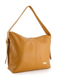 Helle leder Handtasche mit glatter Textur, Reißverschluss und verstellbarem Schultergurt. Mit goldfarbener Hardware-Akzent.