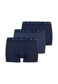 Three pairs of navy blue boxer briefs with striped and solid designs, featuring a wide Bugatti logo waistband and soft fabric texture.