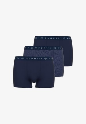 Drei Paar marineblaue Boxershorts mit gestreiften und einfarbigen Designs, ausgestattet mit einem breiten Bugatti-Logo-Bündchen und weichem Stoff.