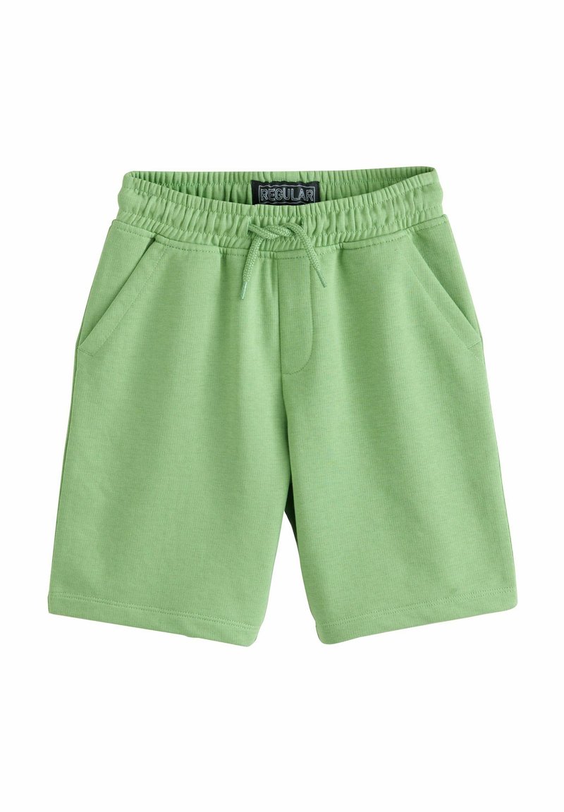 Lichtgroene katoenen shorts met een elastische tailleband, koordje en twee zijzakken. Glad textuur en ontwerp met een normale pasvorm.
