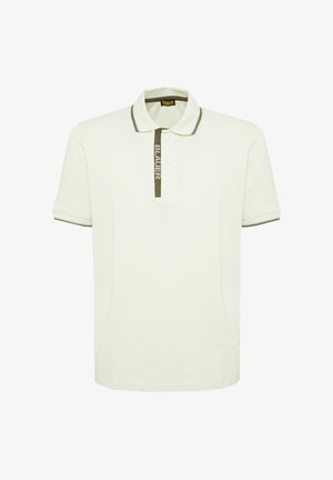White short-sleeve polo shirt with olive trim on collar and sleeve edges, two buttons, and "BLAUER" text on the placket.