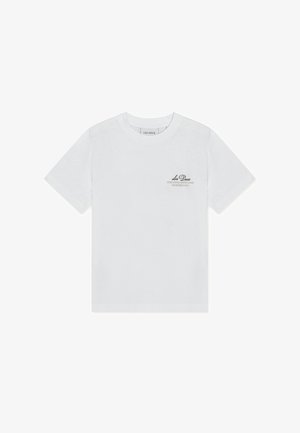 T-shirt bianca in cotone con maniche corte. Presenta un piccolo logo grigio stampato sull'area del petto a sinistra. Scollatura rotonda, vestibilità standard.