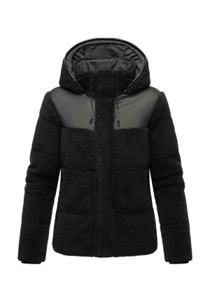 Black insulated jacket featuring a soft texture, a hood, and a contrasting smooth material on the shoulders and upper chest.