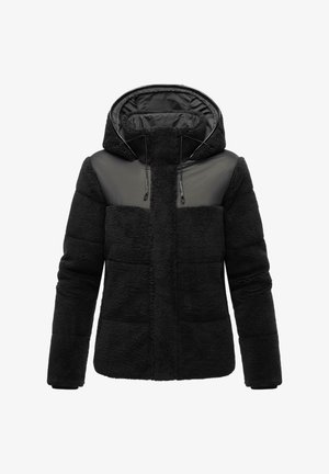 Giacca nera isolante con una texture morbida, un cappuccio e un materiale liscio a contrasto sulle spalle e nella parte superiore del torace.