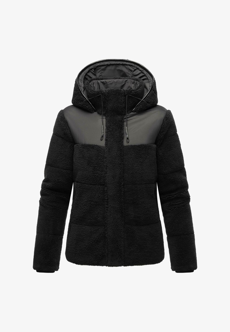 Črna izolirana jakna z mehko teksturo, kapuco in kontrastnim gladkim materialom na ramenih ter zgornjem delu prsnega koša.