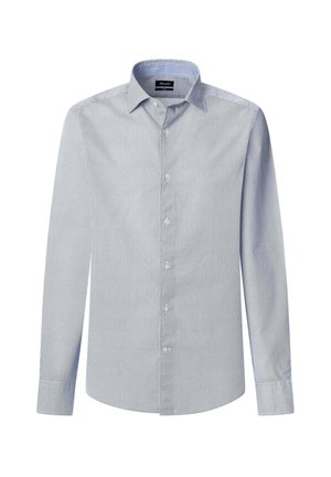 Hellblaues Langarmhemd mit kleinem Karomuster, Button-Down-Kragen und Plastikknöpfen; aus Baumwollstoff mit glatter Textur gefertigt.