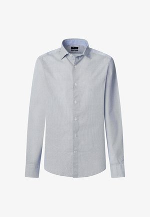 Hellblaues Langarmhemd mit kleinem Karomuster, Button-Down-Kragen und Plastikknöpfen; aus Baumwollstoff mit glatter Textur gefertigt.