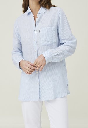 Camisa de botones a rayas azul claro con un bolsillo en el pecho, de mangas largas y un ajuste relajado. Hecha de una tela ligera con una textura sutil.