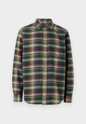 Camicia a maniche lunghe a quadri con tonalità verde, blu navy e arancione, chiusura con bottoni, colletto classico e tessuto morbido e strutturato.