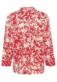 Blusa rossa a fiori con motivi floreali bianchi, maniche lunghe, vestibilità ampia e scollatura a V, caratterizzata da un retro con yoke e dettagli a righe sottili sui polsini.