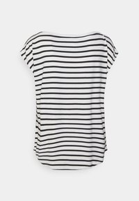 Biała koszula z krótkim rękawem w czarne poziome paski, luźny krój i lekko zaokrąglony dół, pokazana od tyłu na białym tle.