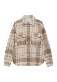 Brown and cream plaid shirt, made of soft fabric, features a pointed collar, button placket, and two chest pockets. Textured pattern throughout.