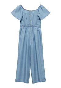 Denim kombinezon v svetlo modri barvi, z off-the-shoulder kratkimi rokavi, elastičnim pasom in sprednjim gumbom ter okroglimi širokimi hlačami.