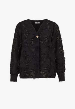 Svart texturerad jacka med V-hals och långa ärmar. Har ett fransat mönster och en guldfärgad blommig knäppning fram.