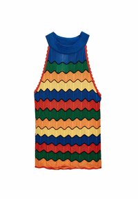 Multikleurige mouwloze top met een hoge halslijn, met een zigzagpatroon in rood, groen, blauw, geel en oranje met een gaasachtige textuur.
