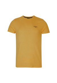 Camiseta de algodón amarilla con mangas cortas. Cuenta con un escote redondo y un pequeño logo negro impreso en el pecho. Color sólido y suave.