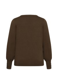 Pull marron à manches longues avec poignets, ourlet et encolure côtelés, montré de dos sur fond blanc.