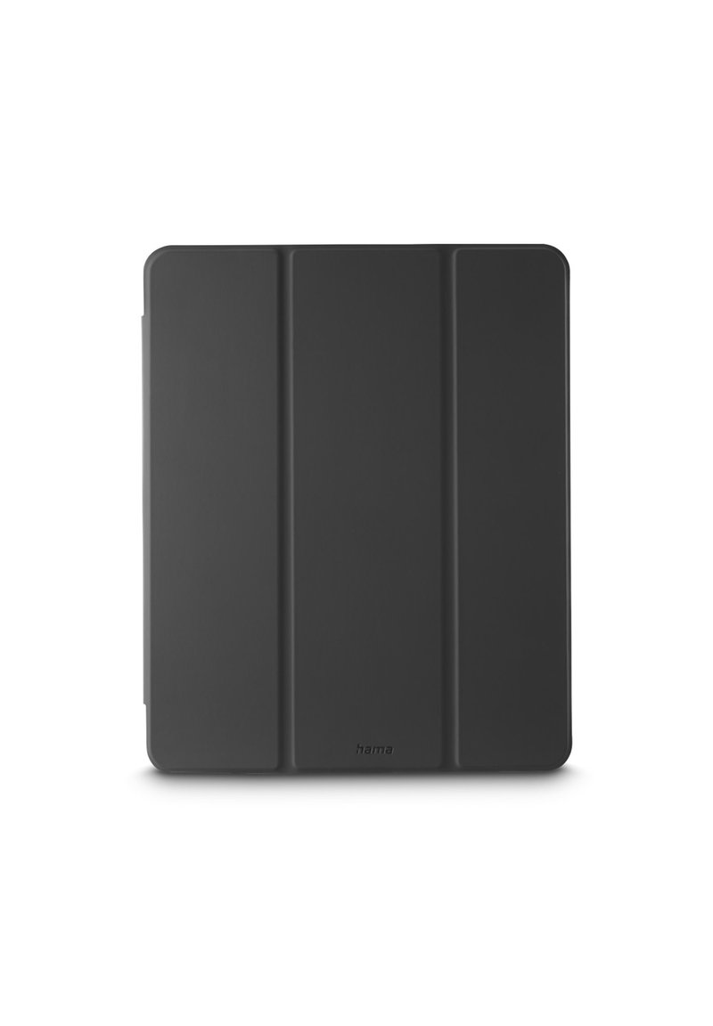 Black tri-fold tablet cover with smooth texture and subtle "hama" logo at the bottom center, displayed flat on white background.