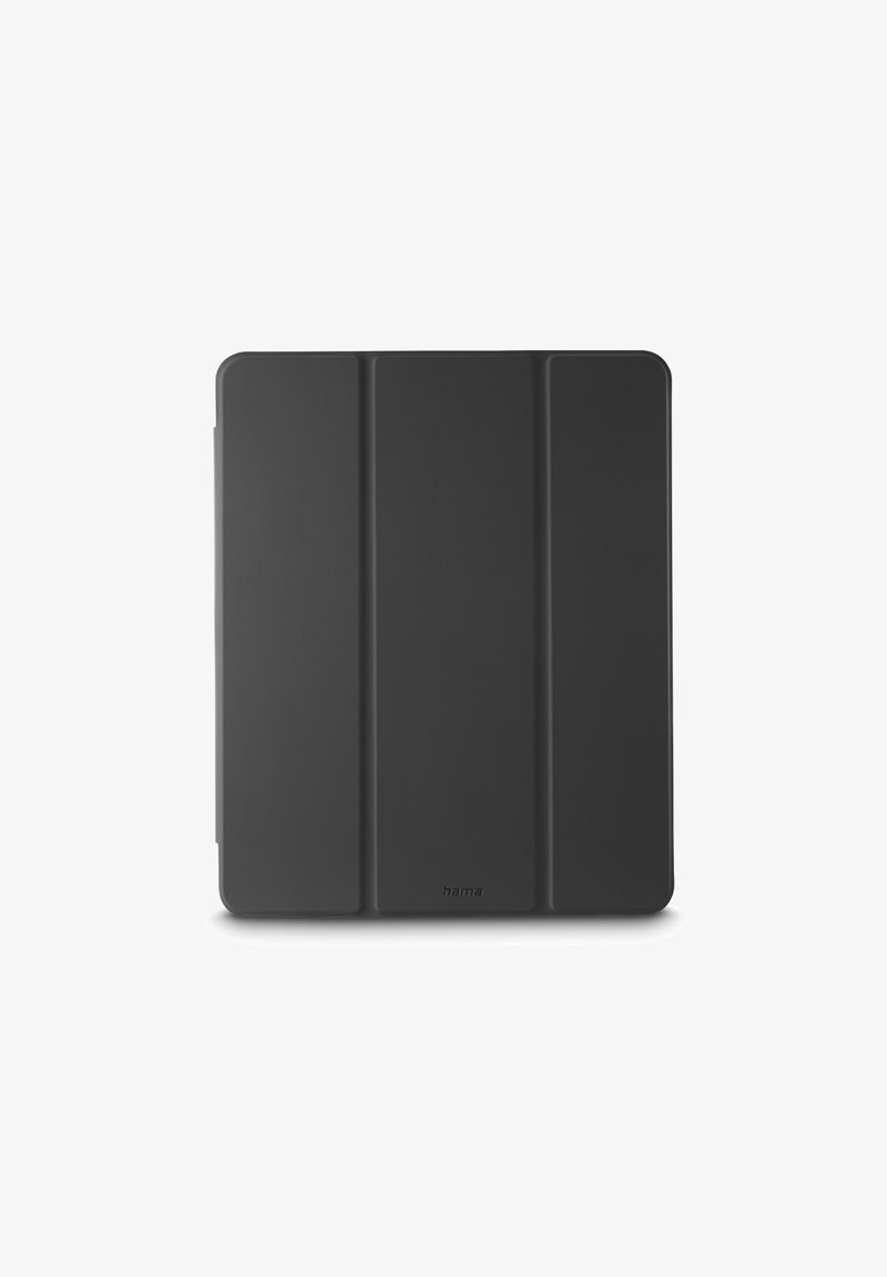 Black tri-fold tablet cover with smooth texture and subtle "hama" logo at the bottom center, displayed flat on white background.