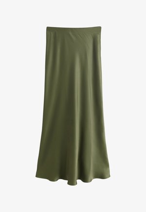 Midi sukňa z olivovo zeleného saténu s vysokým pásom a prúdiacou A-líniovou siluetou.