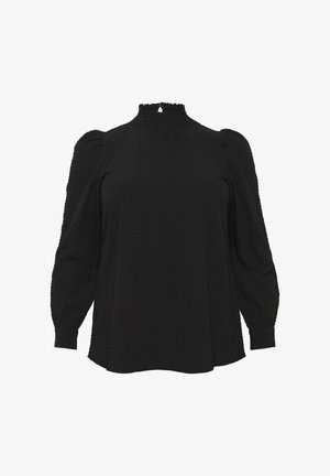 Schwarze, strukturierte Bluse mit hohem, rüschengeschmücktem Kragen und plissierten Ballonärmeln. Sie hat einen lässigen Schnitt und einen dezent gekräuselten Stoff.