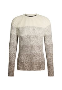 Gestrickter Pullover mit geripptem Textur, der von Creme an der Oberseite zu einem verlaufenden Braun übergeht. Rundhalsausschnitt und lange Ärmel.