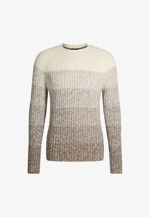 Sweter dziergany z prążkowaną teksturą, przejrzysty od kremowego koloru u góry do brązowego gradientu. Okrągły dekolt i długie rękawy.