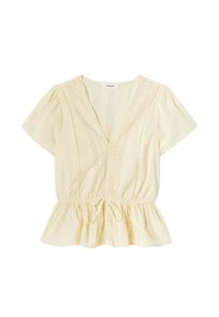 Blouse jaune pâle à manches courtes avec un décolleté en V, des bords festonnés, des détails en œillets, une taille à cordon de serrage et un ourlet à volants.
