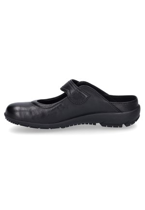 Black leather shoe with a rounded toe and a Velcro strap. Features a textured finish and a low, sturdy rubber sole.