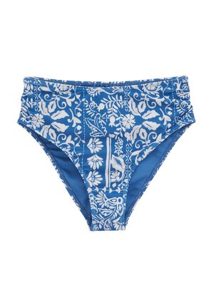 Kék bikini alsó, fehér virágmintával, magas derekú kialakítással, rugalmas derékpánttal és sima, stretch anyagból készült.
