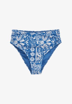 Modri bikini spodnji del z belim cvetličnim vzorcem, visokim pasom, elastičnim pasom in gladkim, raztegljivim materialom.