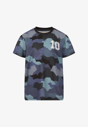 T-Shirt mit kurzen Ärmeln im Camouflage-Muster in Blau- und Schwarztönen. Verfügt über ein strukturiertes geometrisches Design und die Nummer "10" auf der Vorderseite.