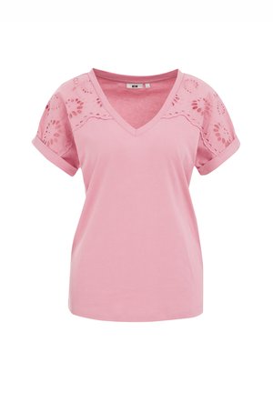 Pink V-neck t-shirt with short rolled sleeves and floral lace detail on shoulders, crafted from soft cotton fabric.