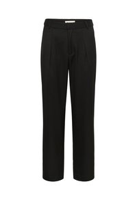 Crne krojene hlače od glatkog materijala, s prednjim plisama, ravnim nogavicama i strukom srednje visine. Nema vidljivih metalnih dijelova.