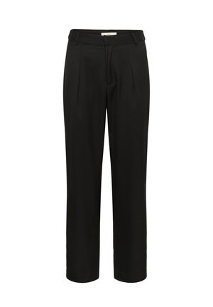 Juodos pritaikytos kelnės su lygiu audiniu, su priekiniais raukiniais, tiesiomis kojomis ir vidutinio aukščio juosmeniu. Nėra matomų detalių.