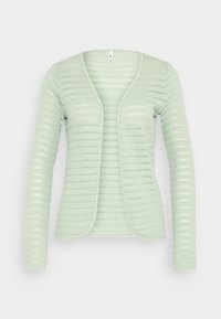 Světle zelený pletený cardigan s texturovaným vzorem, otevřeným předním dílem, dlouhými rukávy a kulatým výstřihem, vyrobený z měkké, elastické látky.