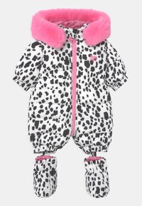Zateplený snowsuit s černobílými dalmatinskými tečkami, růžovou umělou kožíškovou kapucí, předním zipovým uzávěrem a odpovídajícími botičkami s elastickými manžetami.