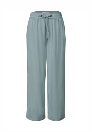 Pantalon large bleu clair avec taille élastique et cordon ajustable, fabriqué en tissu doux et fluide.