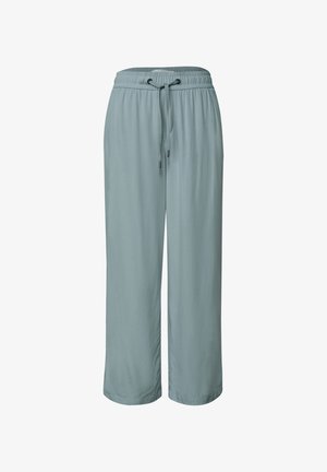Pantalon large bleu clair avec taille élastique et cordon ajustable, fabriqué en tissu doux et fluide.