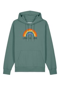 Kap met een capuchon in teal stof, voorzien van een voork pocket, een trekkoord capuchon en een kleurrijke regenbooggrafiek met de tekst "LOVE IS LOVE".