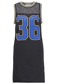 Robe de sport noire sans manches avec partie supérieure en mesh, bordure beige et grand numéro bleu 36 sur le devant.