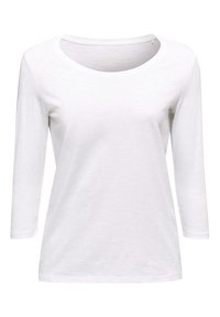Wit T-shirt met lange mouwen, een brede ronde hals en zacht, lichtgewicht materiaal. Eenvoudig ontwerp zonder patronen of accenten.