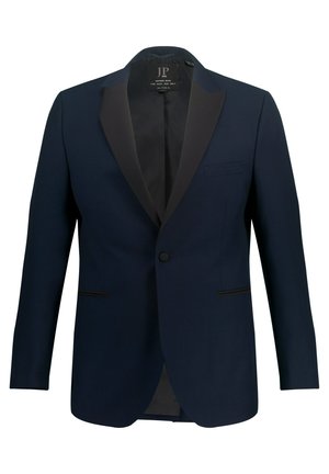Blazer blu navy realizzato in tessuto testurizzato, con revers a punta in raso nero, chiusura a singolo bottone e tasche frontali con bordo a contrasto.