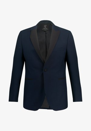 Marineblazer van geweven stof met een zwarte satijnen puntrevers, enkele knoopsluiting en voorzakken met contrasterende bies.