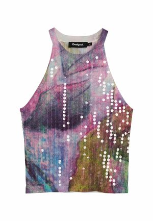 Top bez rukava s višebojnim apstraktnim uzorkom u ružičastoj, ljubičastoj, plavoj i zelenoj boji, s razbacanim vertikalnim bijelim šljokicama.