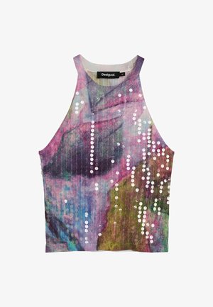 Top bez rukava s višebojnim apstraktnim uzorkom u ružičastoj, ljubičastoj, plavoj i zelenoj boji, s razbacanim vertikalnim bijelim šljokicama.