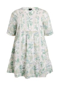 Robe fleurie avec décolleté en V, manches courtes et design en plusieurs niveaux. Fabriquée en tissu léger avec un motif botanique vert et jaune.